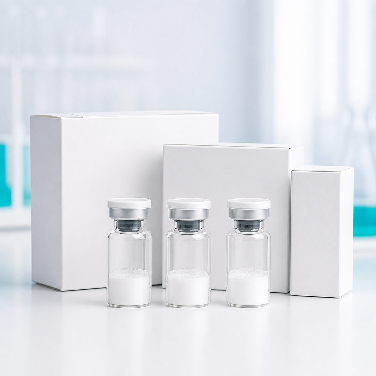 Research peptide vials with blank laboratory packaging